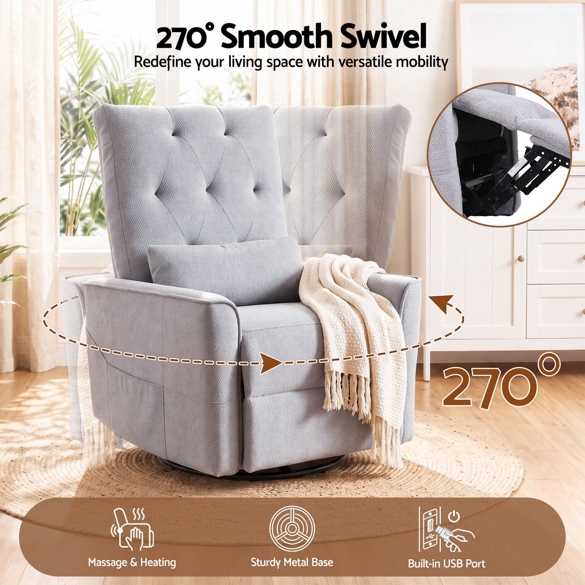Artiss Electric Massage Recliner Chair with 270° Swivel & Heat, Grey Awezingly