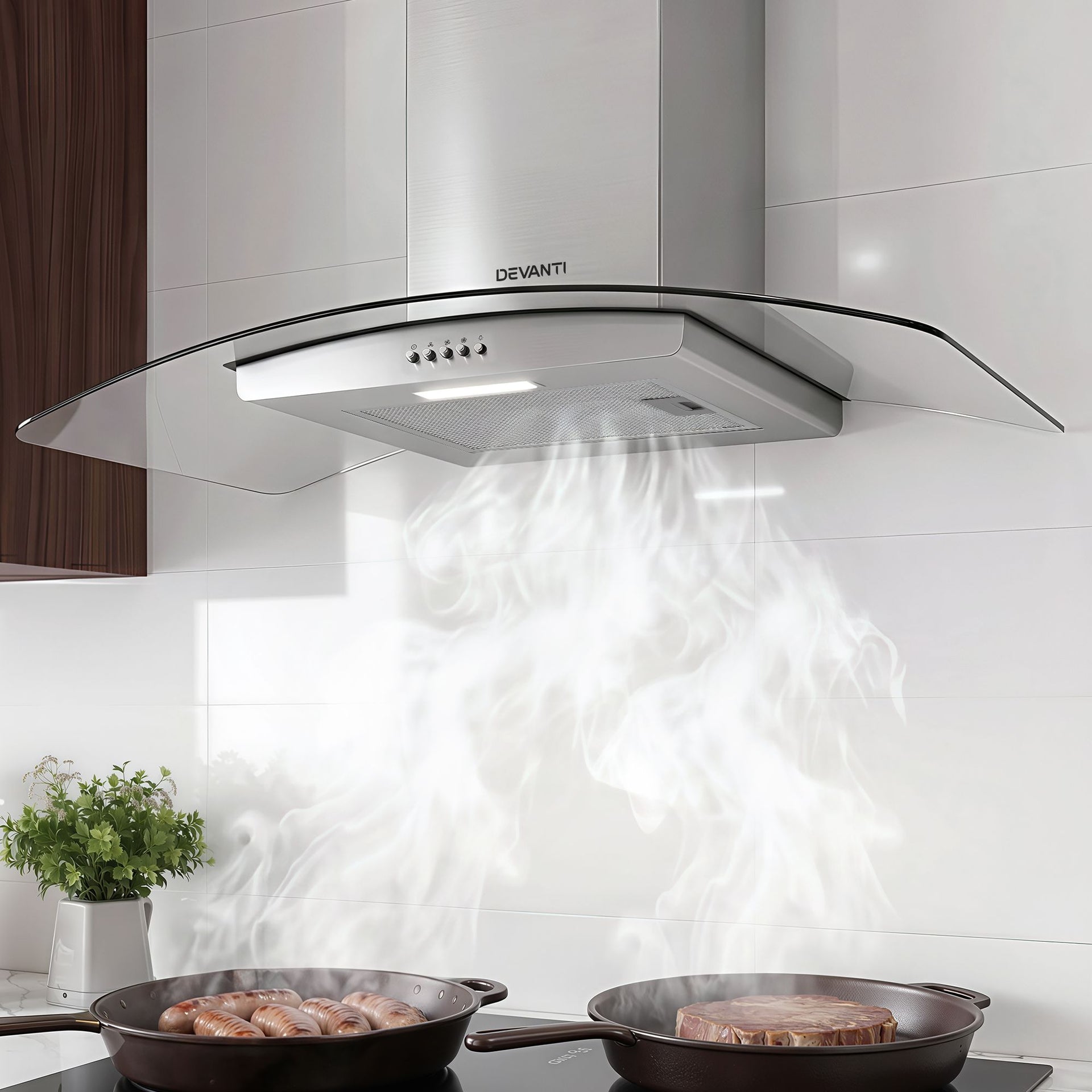 Devanti 90cm Range Hood Curved Glass Canopy Rangehood Kitchen Exhaust Fan Awezingly