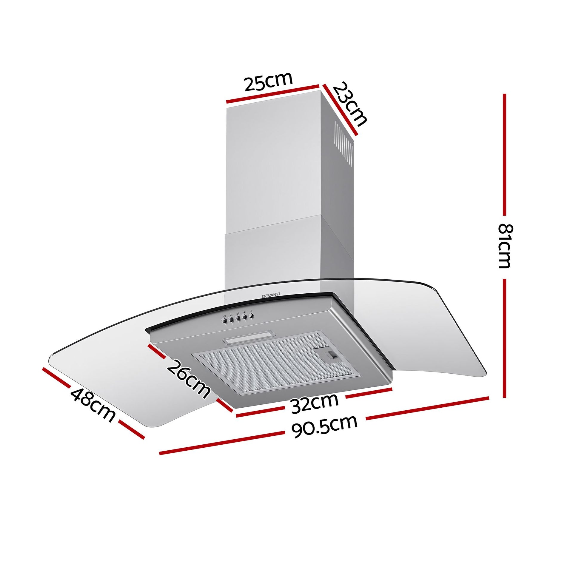 Devanti 90cm Range Hood Curved Glass Canopy Rangehood Kitchen Exhaust Fan Awezingly
