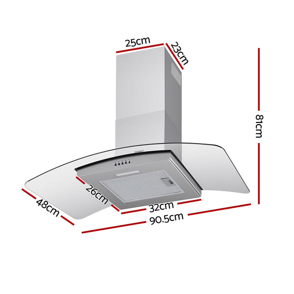 Devanti 90cm Range Hood Curved Glass Canopy Rangehood Kitchen Exhaust Fan Awezingly