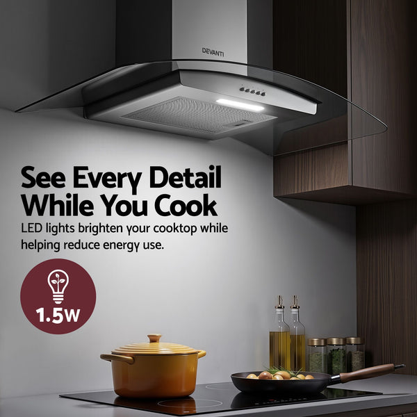 Devanti 90cm Range Hood Curved Glass Canopy Rangehood Kitchen Exhaust Fan Awezingly