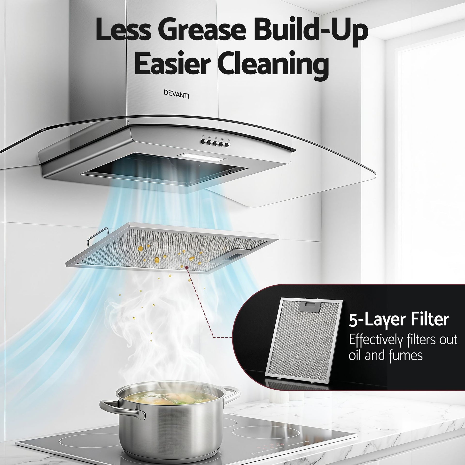 Devanti 90cm Range Hood Curved Glass Canopy Rangehood Kitchen Exhaust Fan Awezingly