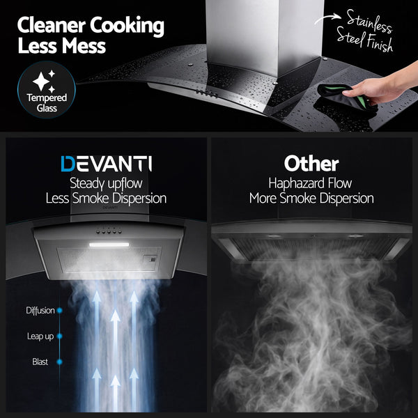 Devanti 90cm Range Hood Curved Glass Canopy Rangehood Kitchen Exhaust Fan Awezingly