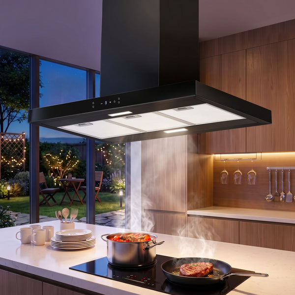 Devanti 90cm Island Rangehood Ceiling-Mounted 3-Speed Touch Control LED Black Awezingly
