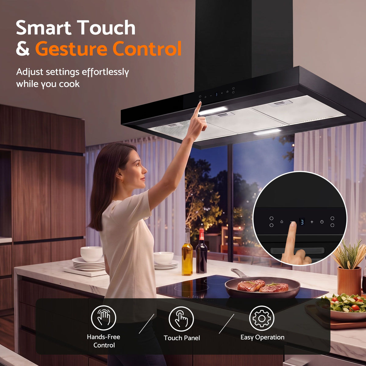 Devanti 90cm Island Rangehood Ceiling-Mounted 3-Speed Touch Control LED Black Awezingly