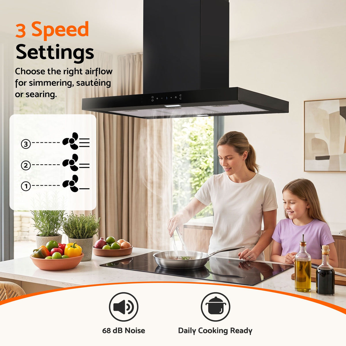 Devanti 90cm Island Rangehood Ceiling-Mounted 3-Speed Touch Control LED Black Awezingly