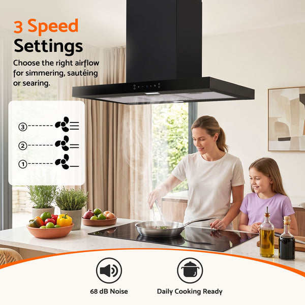 Devanti 90cm Island Rangehood Ceiling-Mounted 3-Speed Touch Control LED Black Awezingly