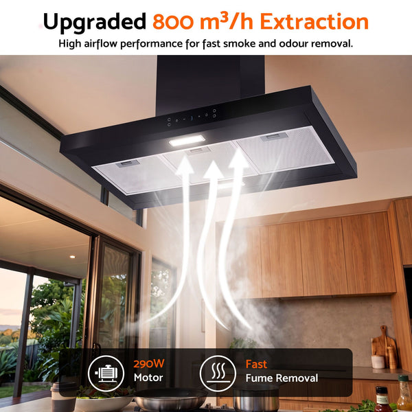 Devanti 90cm Island Rangehood Ceiling-Mounted 3-Speed Touch Control LED Black Awezingly