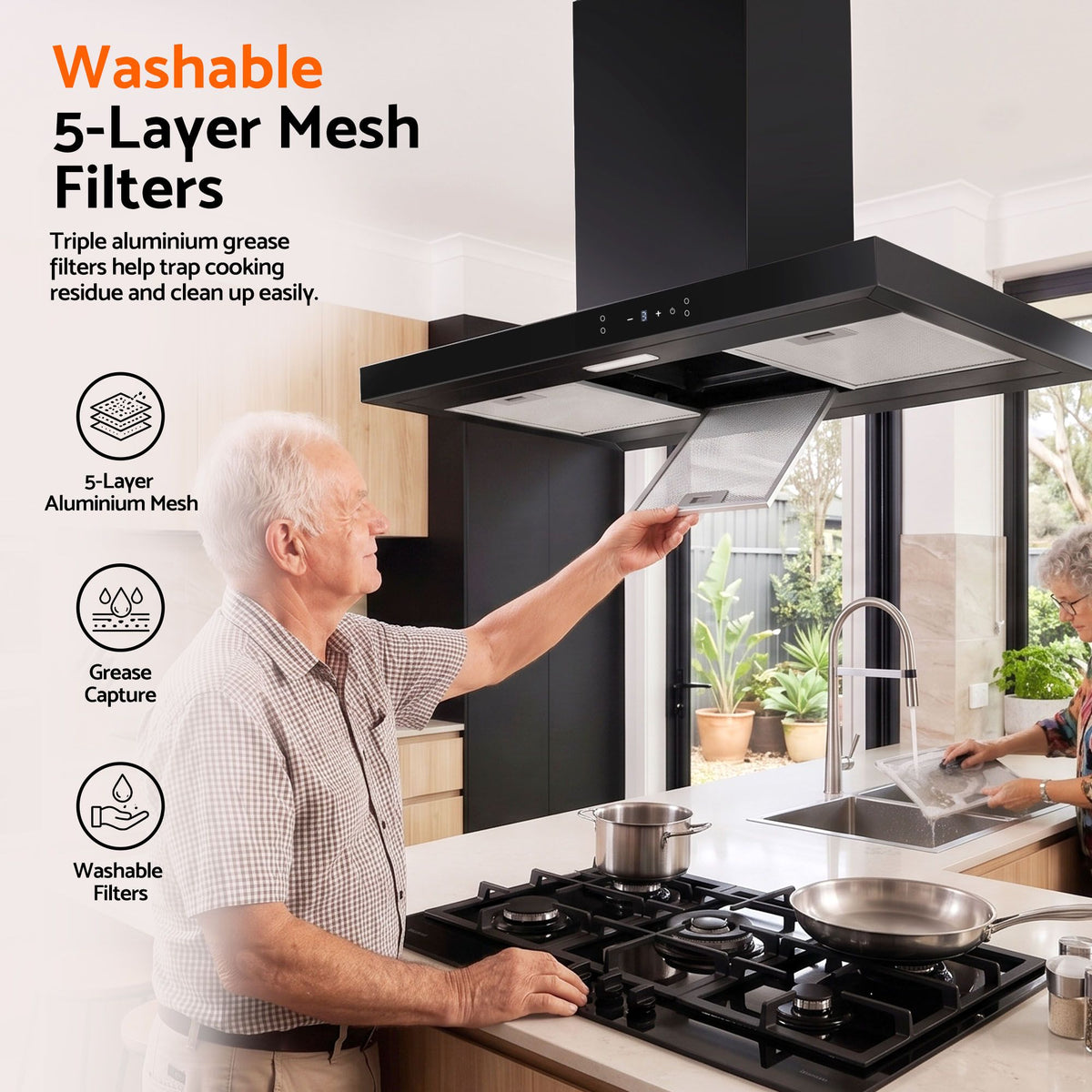 Devanti 90cm Island Rangehood Ceiling-Mounted 3-Speed Touch Control LED Black Awezingly