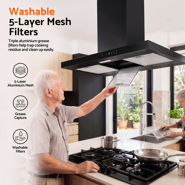 Devanti 90cm Island Rangehood Ceiling-Mounted 3-Speed Touch Control LED Black Awezingly