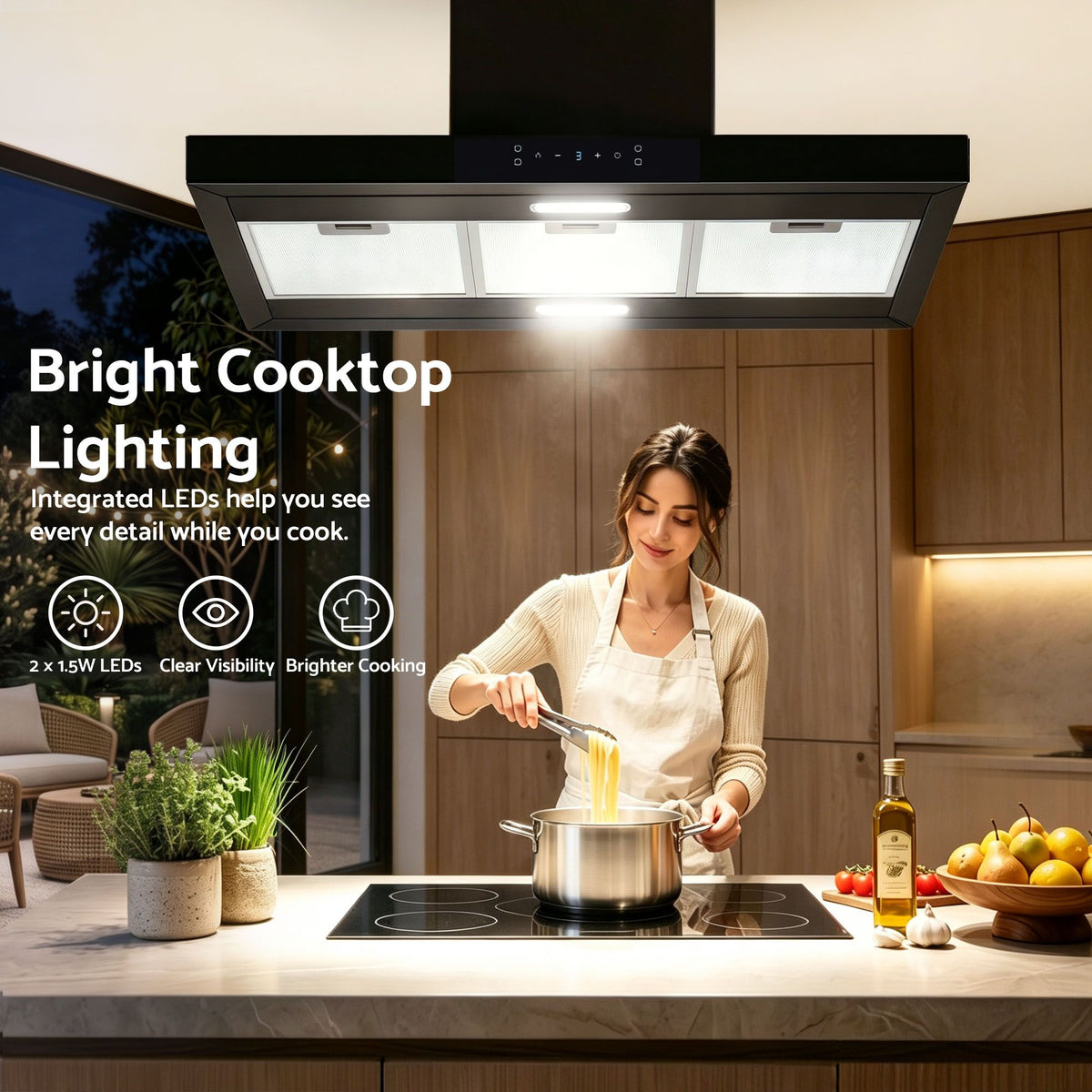 Devanti 90cm Island Rangehood Ceiling-Mounted 3-Speed Touch Control LED Black Awezingly