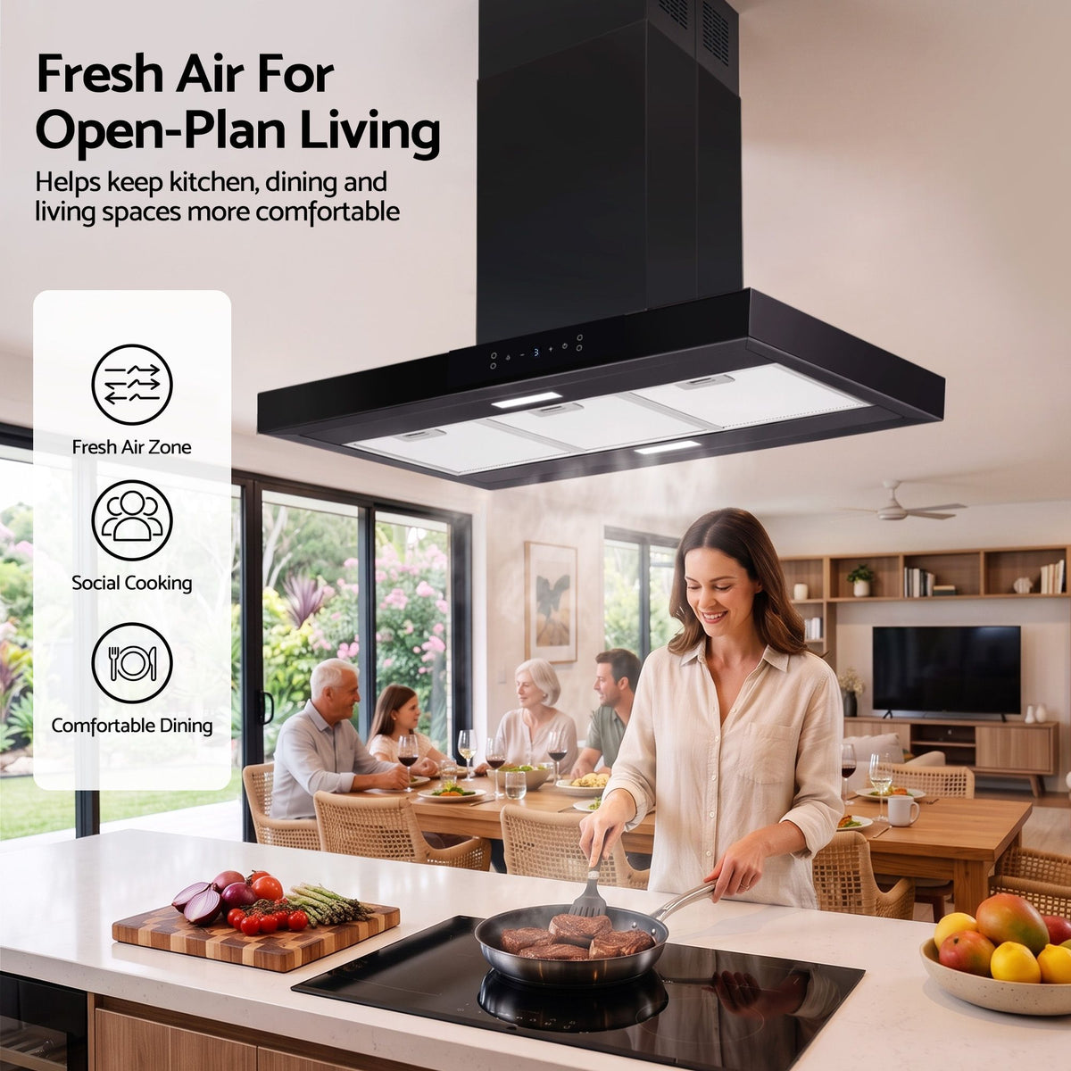 Devanti 90cm Island Rangehood Ceiling-Mounted 3-Speed Touch Control LED Black Awezingly