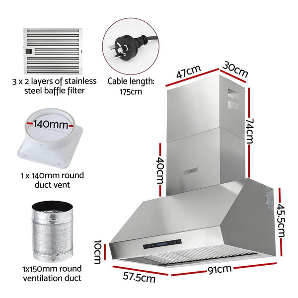 Devanti 900mm Range Hood 3-Speed Fan LED Display Remote Control Awezingly