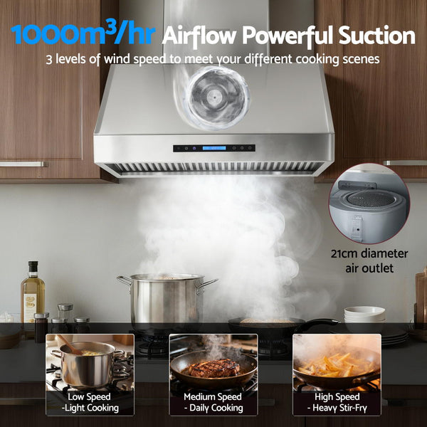 Devanti 900mm Range Hood 3-Speed Fan LED Display Remote Control Awezingly