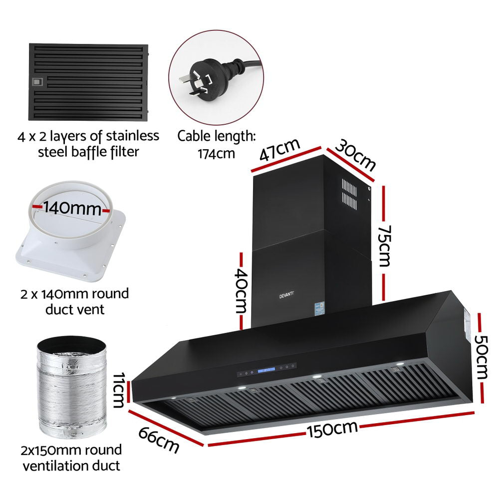 Devanti 1500mm Commercial BBQ Range Hood Dual Motor W/ Remote Control Black Devanti