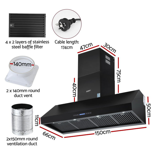 Devanti 1500mm Commercial BBQ Range Hood Dual Motor W/ Remote Control Black Devanti