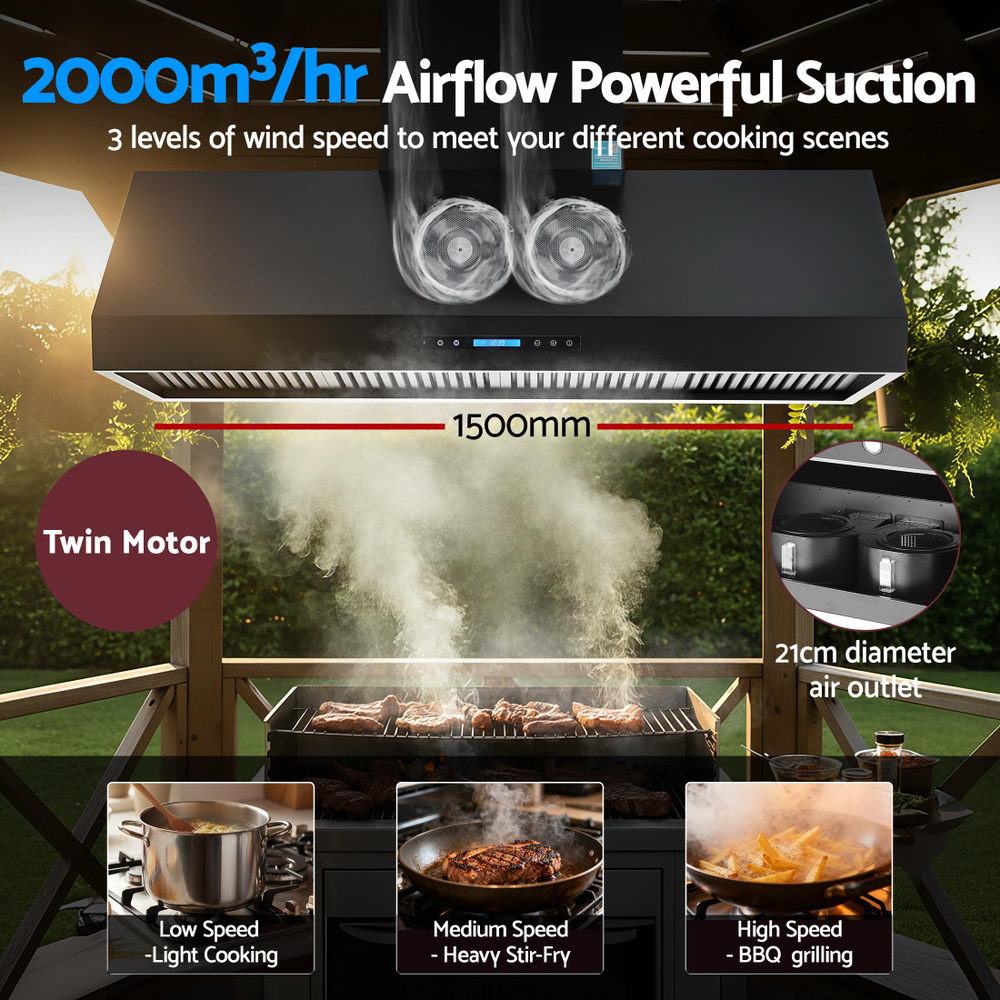 Devanti 1500mm Commercial BBQ Range Hood Dual Motor W/ Remote Control Black Devanti