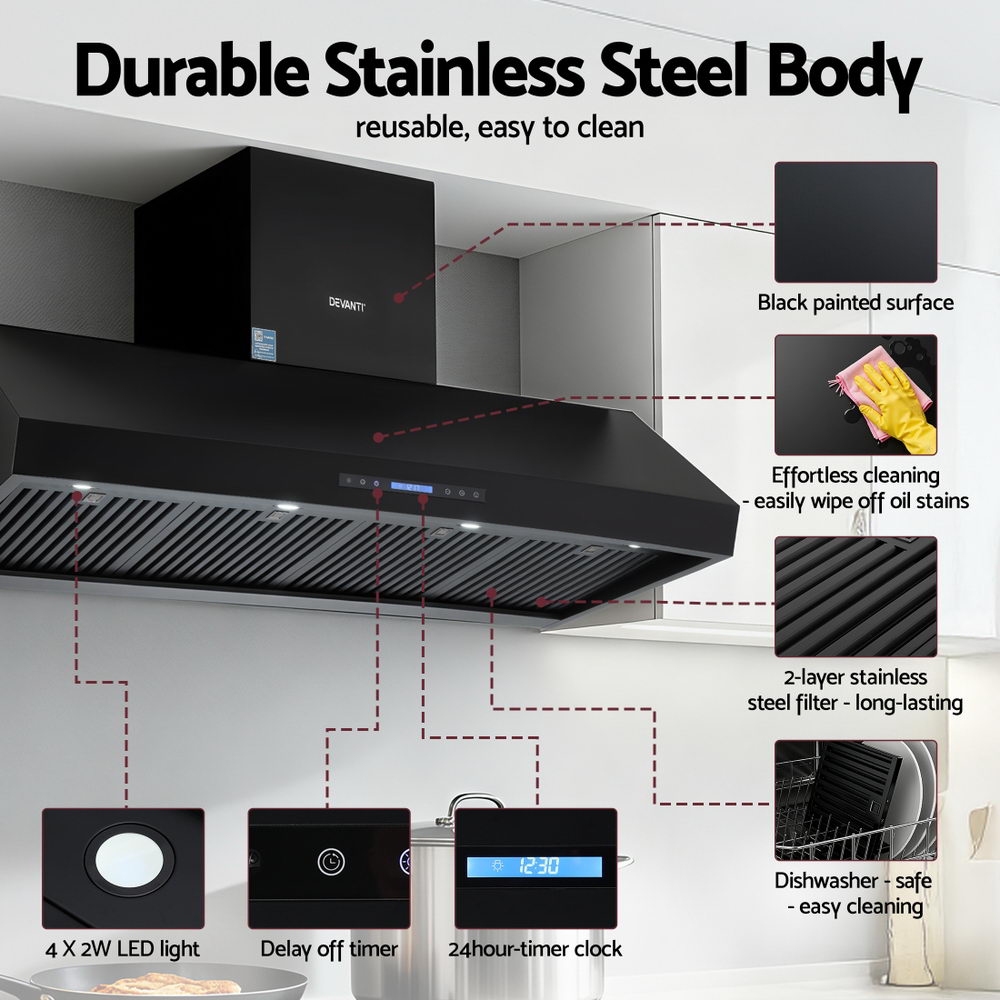 Devanti 1500mm Commercial BBQ Range Hood Dual Motor W/ Remote Control Black Devanti