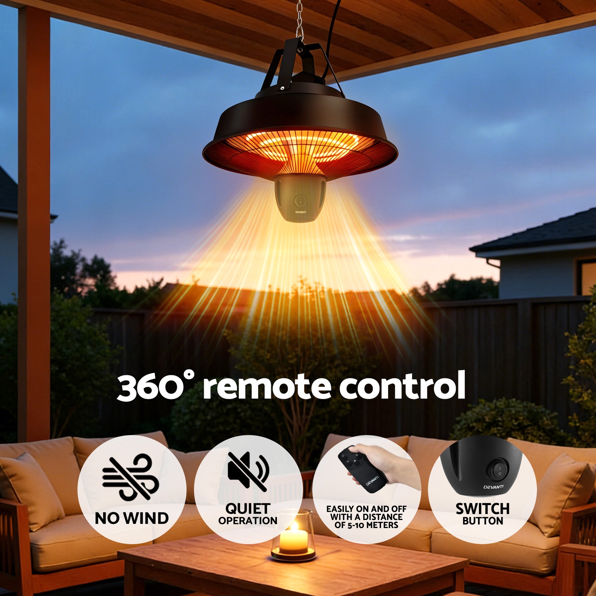 Devanti 2000W Electric Patio Heater Ceiling Mounted Hanging Heaters Remote Awezingly