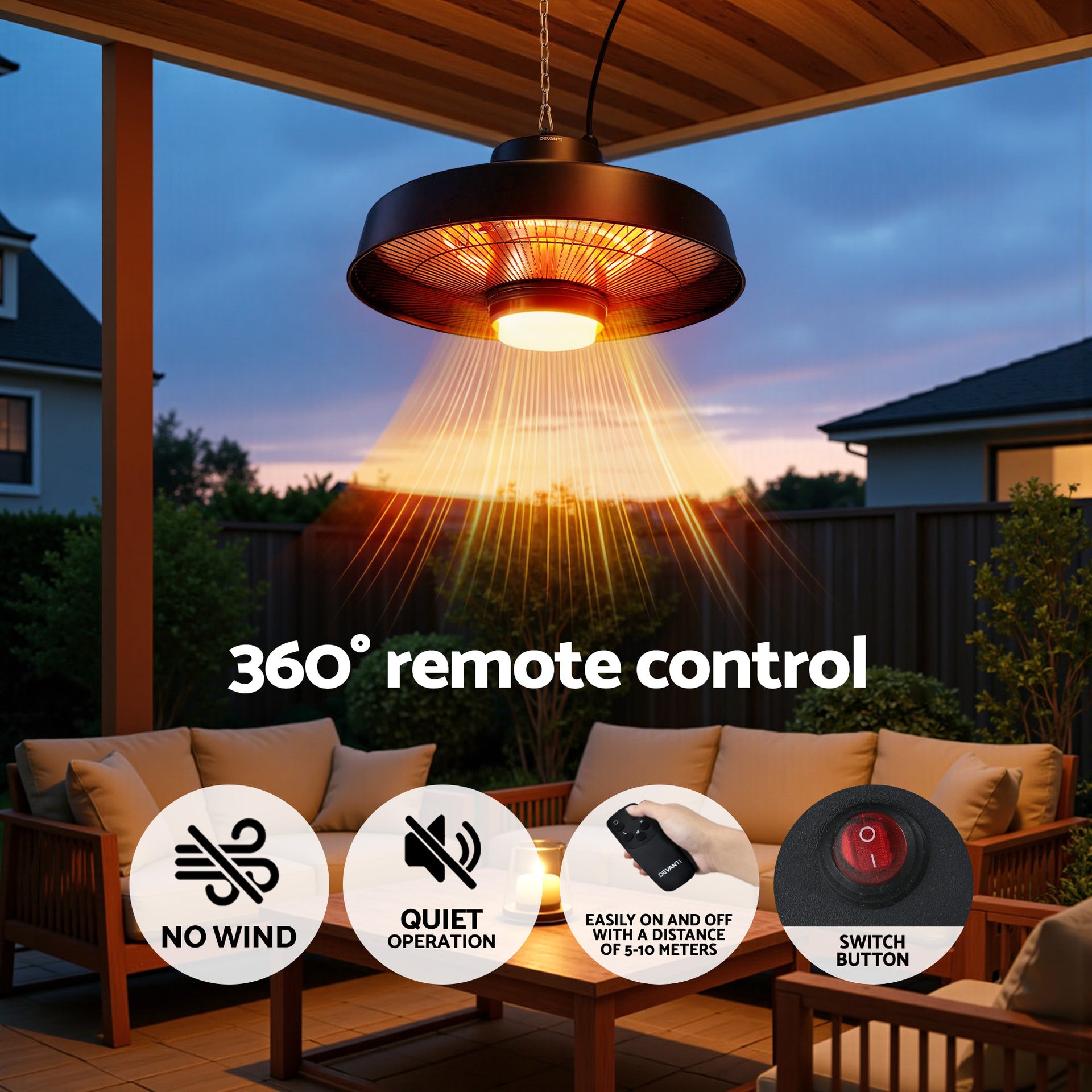Devanti 2000W Outdoor Electric Patio Heater Ceiling Mount with LED Light Remote Awezingly