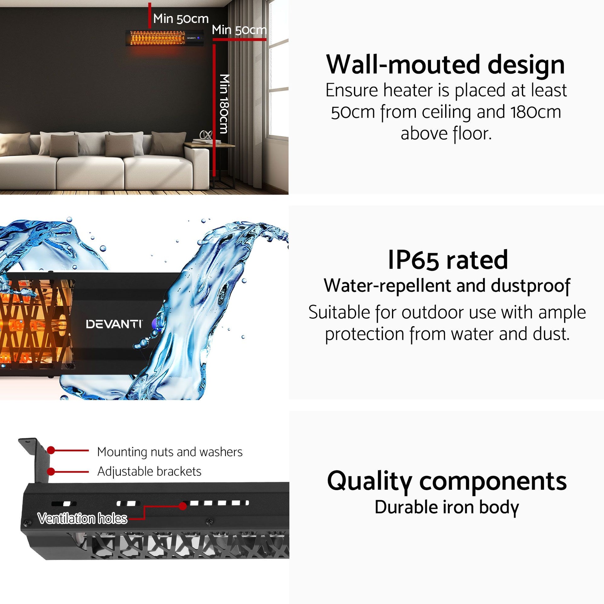 Devanti 2PCS Electric Strip Heater Radiant Infrared Heaters 2000W Awezingly