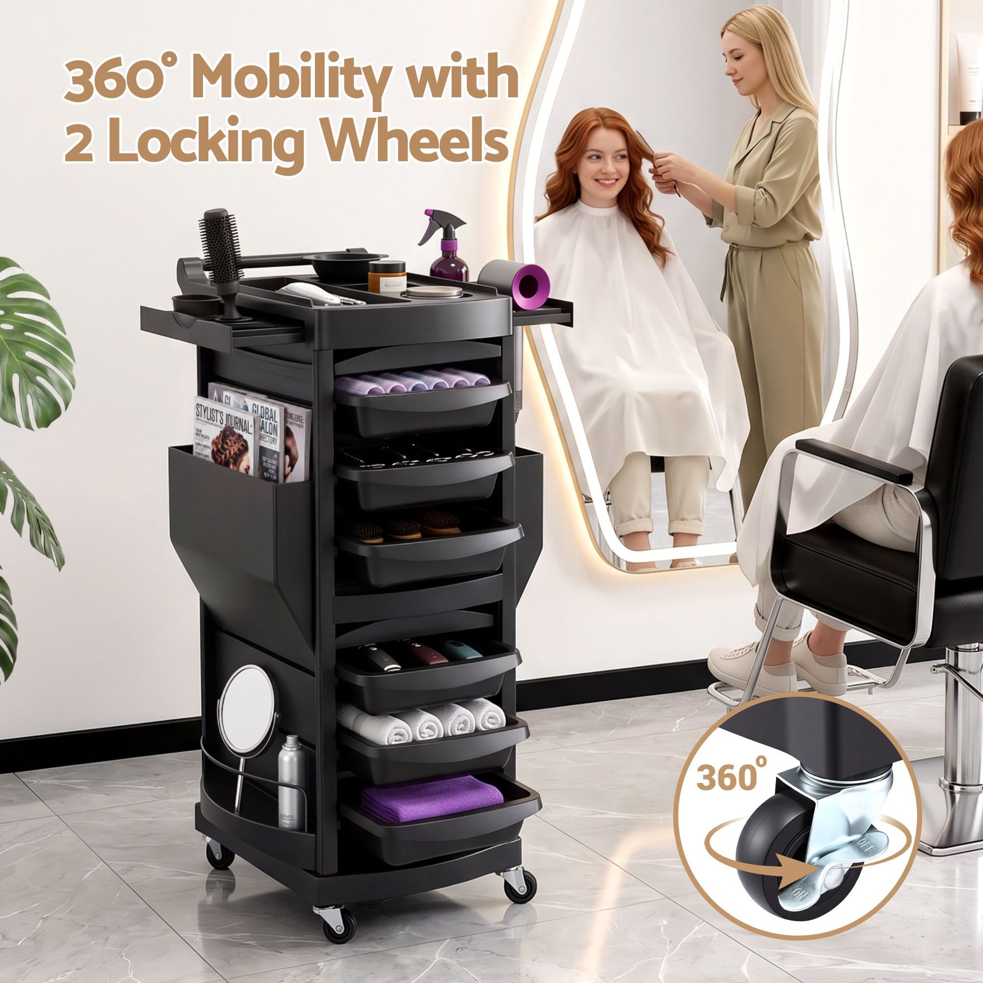 Embellir Salon Trolley 2 Lockable Doors 6 Tier Trays Mobile Hair Cart Black Awezingly