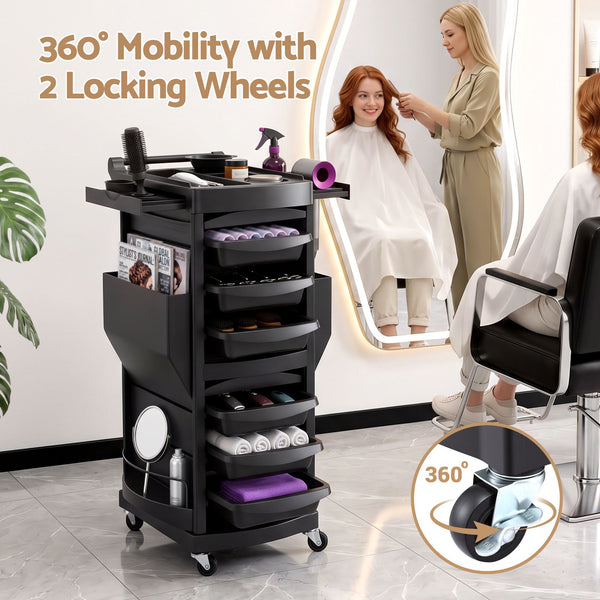 Embellir Salon Trolley 2 Lockable Doors 6 Tier Trays Mobile Hair Cart Black Awezingly