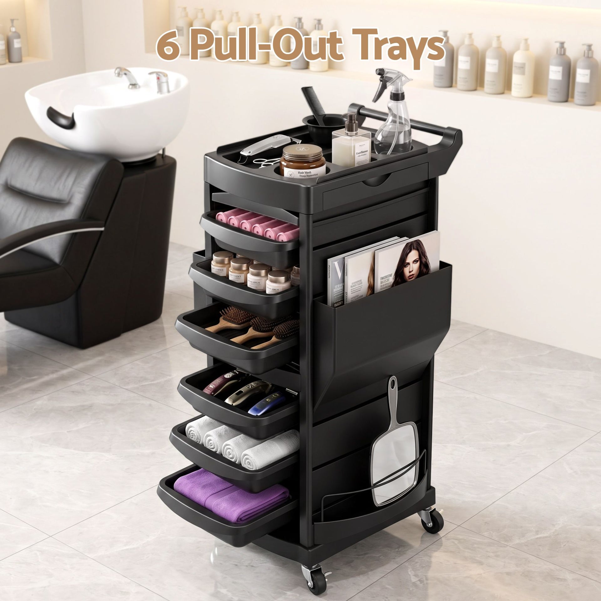 Embellir Salon Trolley 2 Lockable Doors 6 Tier Trays Mobile Hair Cart Black Awezingly