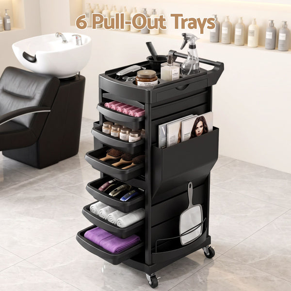 Embellir Salon Trolley 2 Lockable Doors 6 Tier Trays Mobile Hair Cart Black Awezingly