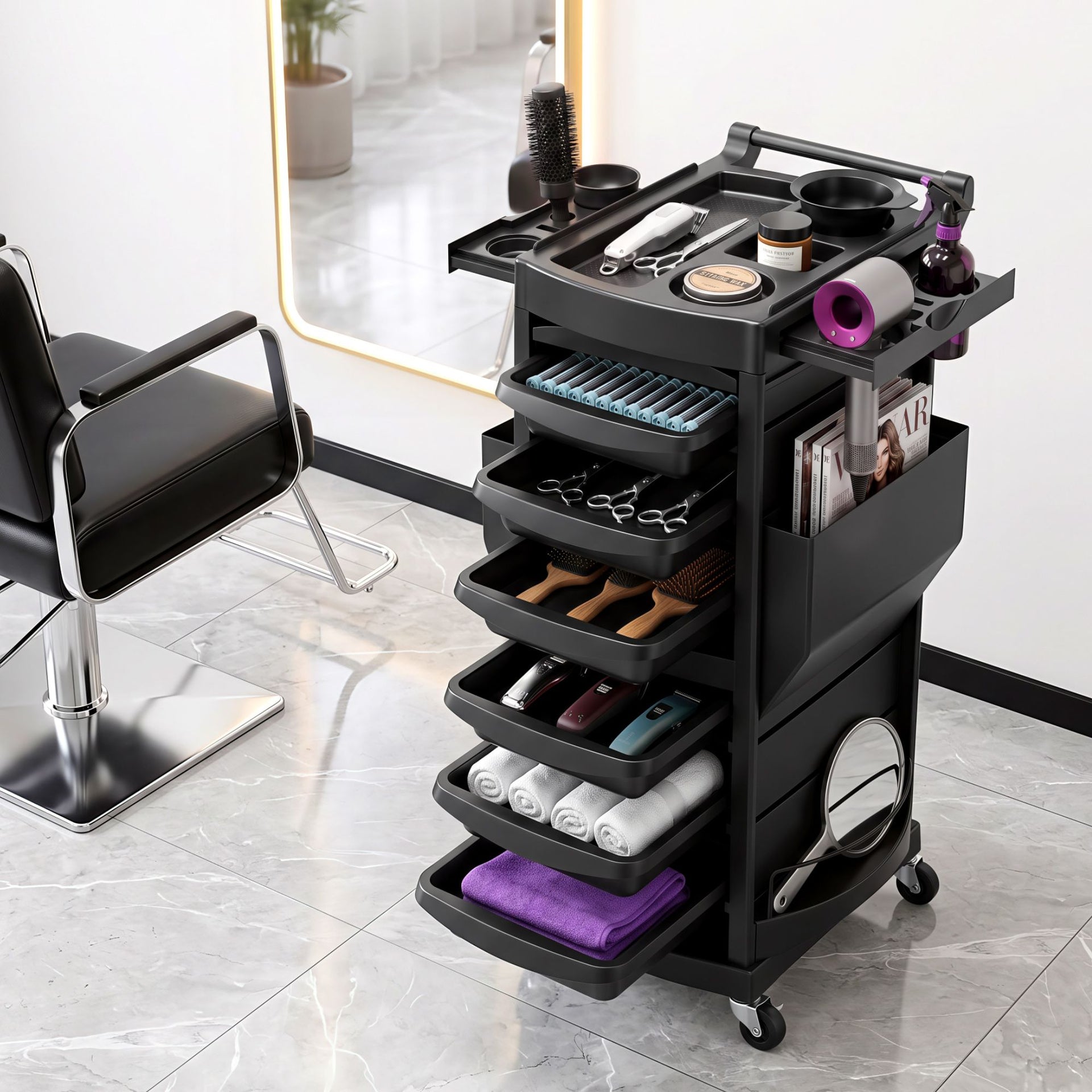 Embellir Salon Trolley 2 Lockable Doors 6 Tier Trays Mobile Hair Cart Black Awezingly