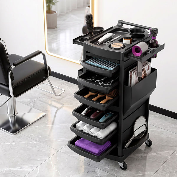 Embellir Salon Trolley 2 Lockable Doors 6 Tier Trays Mobile Hair Cart Black Awezingly