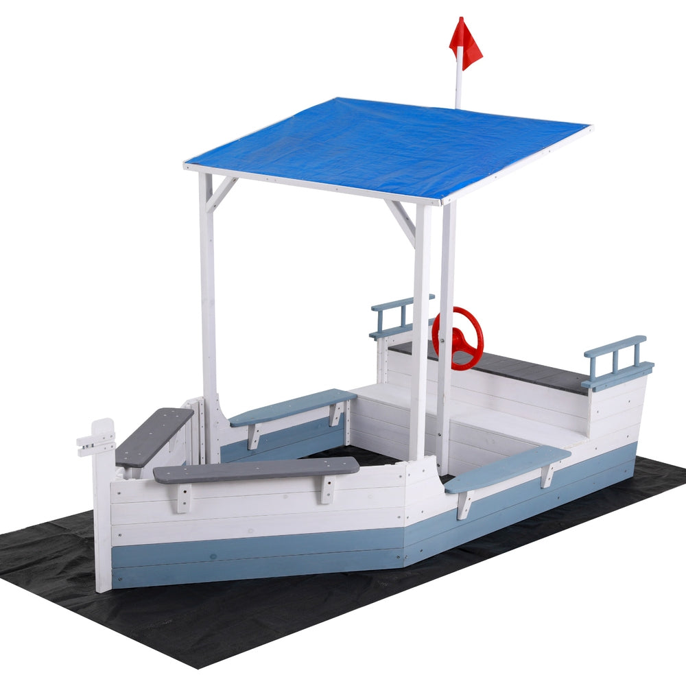 Keezi Kids Sandpit Wooden Box Boat Canopy Flag Outdoor Toys Children Blue Keezi