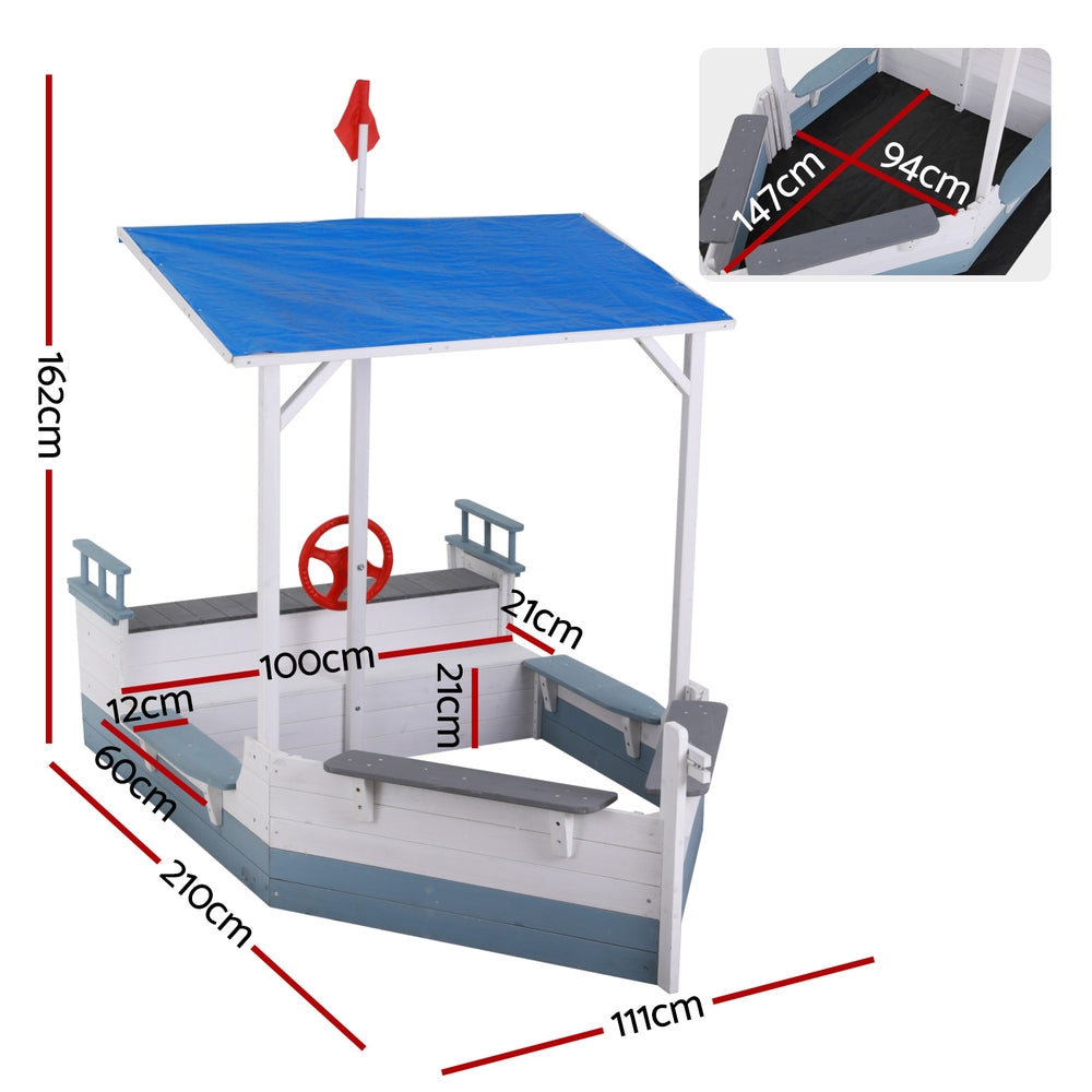 Keezi Kids Sandpit Wooden Box Boat Canopy Flag Outdoor Toys Children Blue Keezi