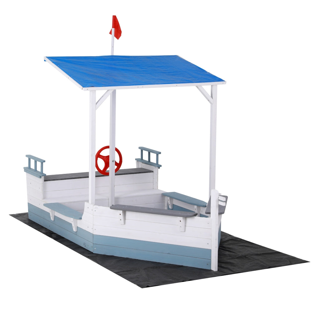 Keezi Kids Sandpit Wooden Box Boat Canopy Flag Outdoor Toys Children Blue Keezi