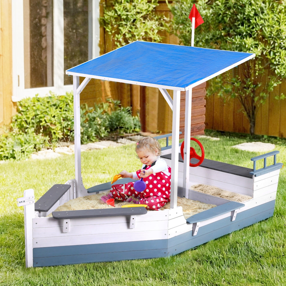 Keezi Kids Sandpit Wooden Box Boat Canopy Flag Outdoor Toys Children Blue Keezi