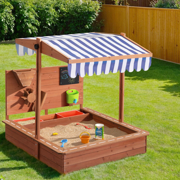 Keezi Kids Sandpit Wooden Canopy Sandbox With Cover Funnel Outdoor Toys 110cm Keezi