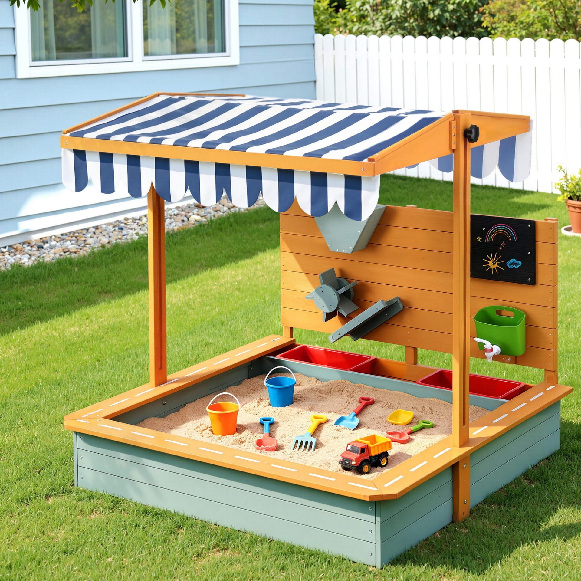 Keezi Kids Sandpit Wooden Canopy Sandbox With Cover Funnel Outdoor Toys 110cm Green Awezingly
