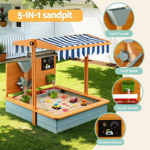 Keezi Kids Sandpit Wooden Canopy Sandbox With Cover Funnel Outdoor Toys 110cm Green Awezingly