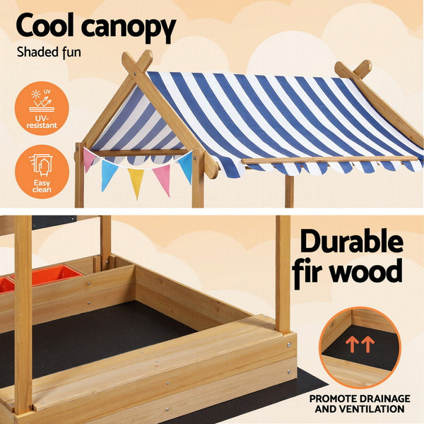 Keezi Kids Sandpit Wooden Sandbox Sand Pit with Canopy Water Basin Toys 146cm Awezingly