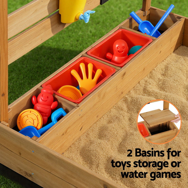 Keezi Kids Sandpit Wooden Sandbox Sand Pit with Canopy Water Basin Toys 146cm Awezingly