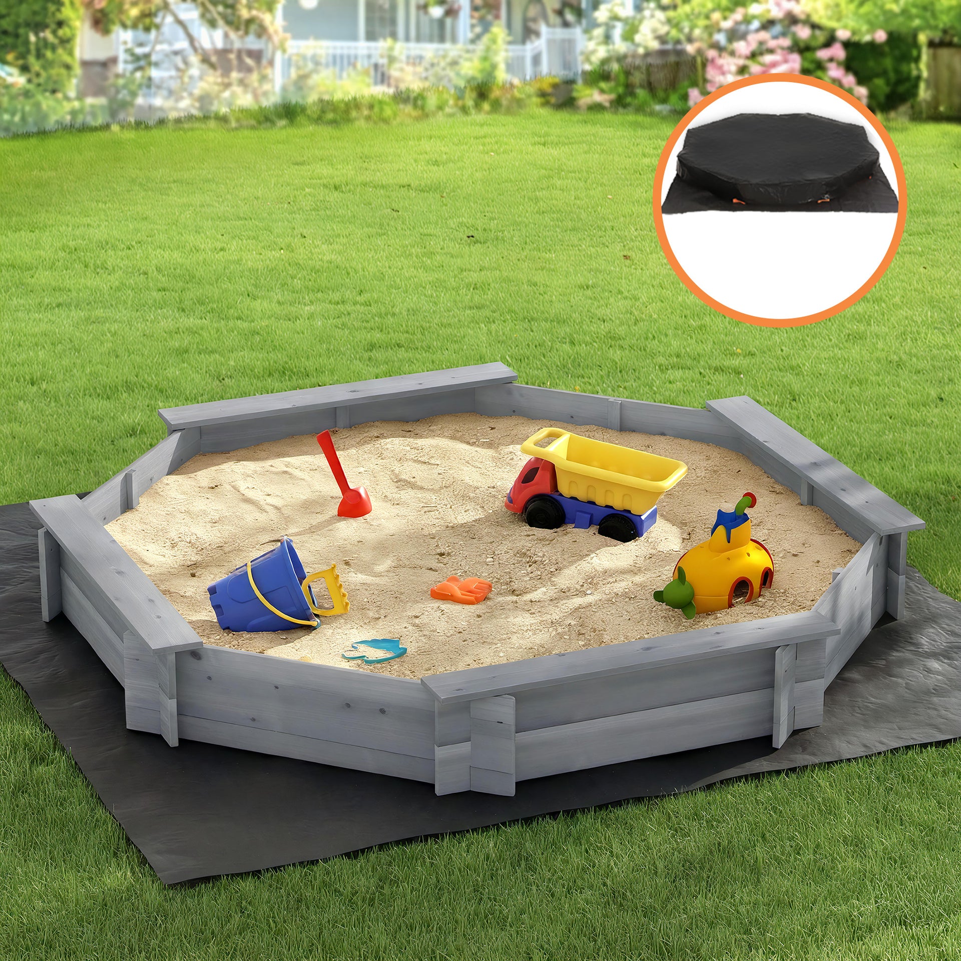 Keezi Kids Sandpit Wooden Round Sand Pit with Cover Bench Seat Beach Toys 182cm Grey Awezingly