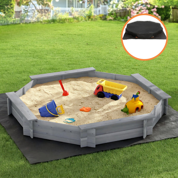Keezi Kids Sandpit Wooden Round Sand Pit with Cover Bench Seat Beach Toys 182cm Grey Awezingly
