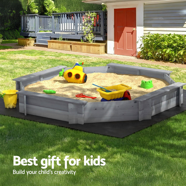 Keezi Kids Sandpit Wooden Round Sand Pit with Cover Bench Seat Beach Toys 182cm Grey Awezingly