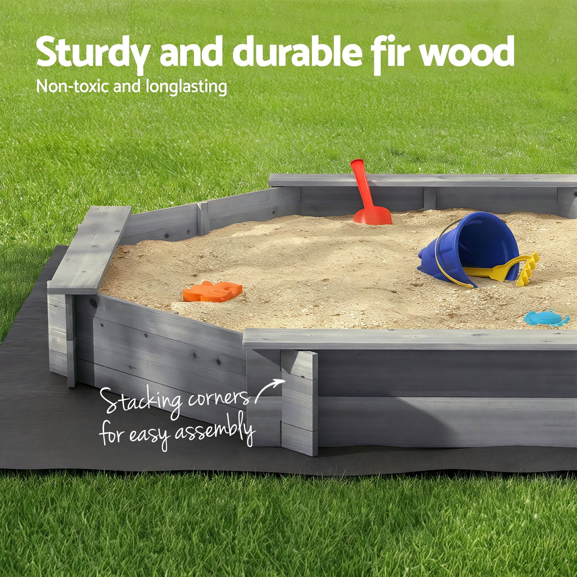 Keezi Kids Sandpit Wooden Round Sand Pit with Cover Bench Seat Beach Toys 182cm Grey Awezingly