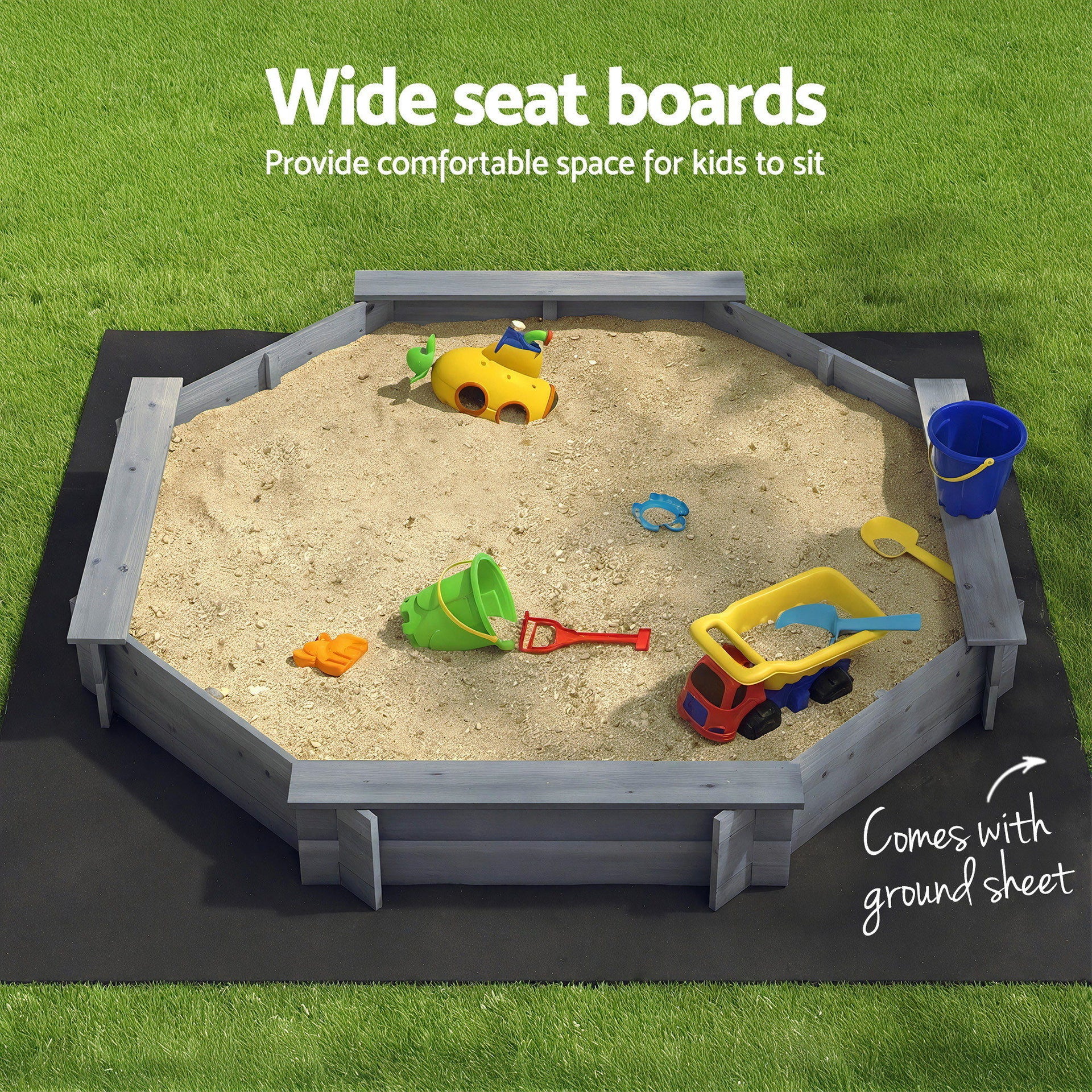 Keezi Kids Sandpit Wooden Round Sand Pit with Cover Bench Seat Beach Toys 182cm Grey Awezingly