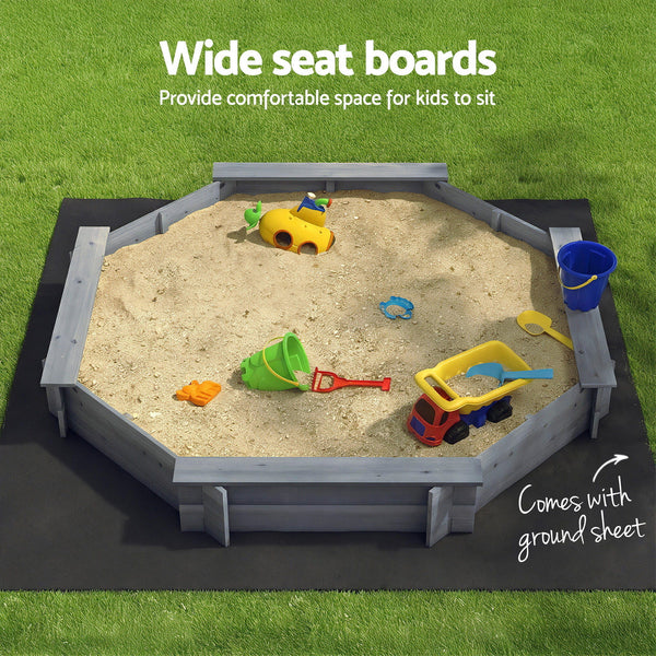 Keezi Kids Sandpit Wooden Round Sand Pit with Cover Bench Seat Beach Toys 182cm Grey Awezingly