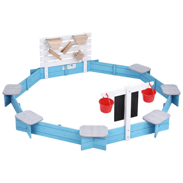 Keezi Kids Sandpit Wooden Round Sand Pit with Cover Funnel Bench Seat Beach Toys 215cm Awezingly