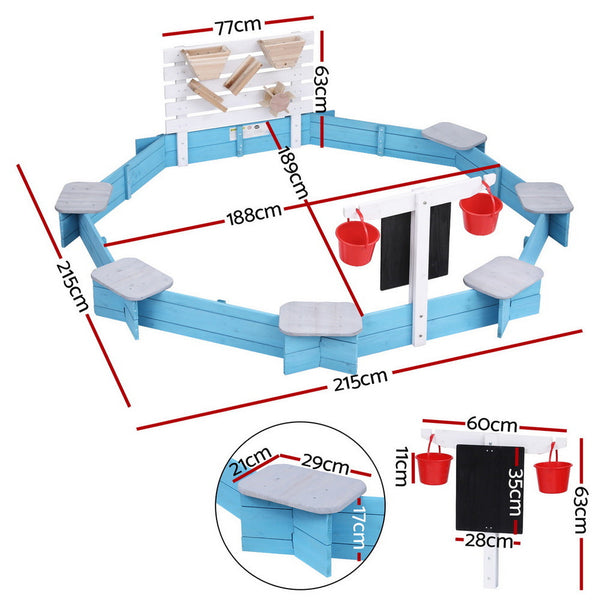 Keezi Kids Sandpit Wooden Round Sand Pit with Cover Funnel Bench Seat Beach Toys 215cm Awezingly