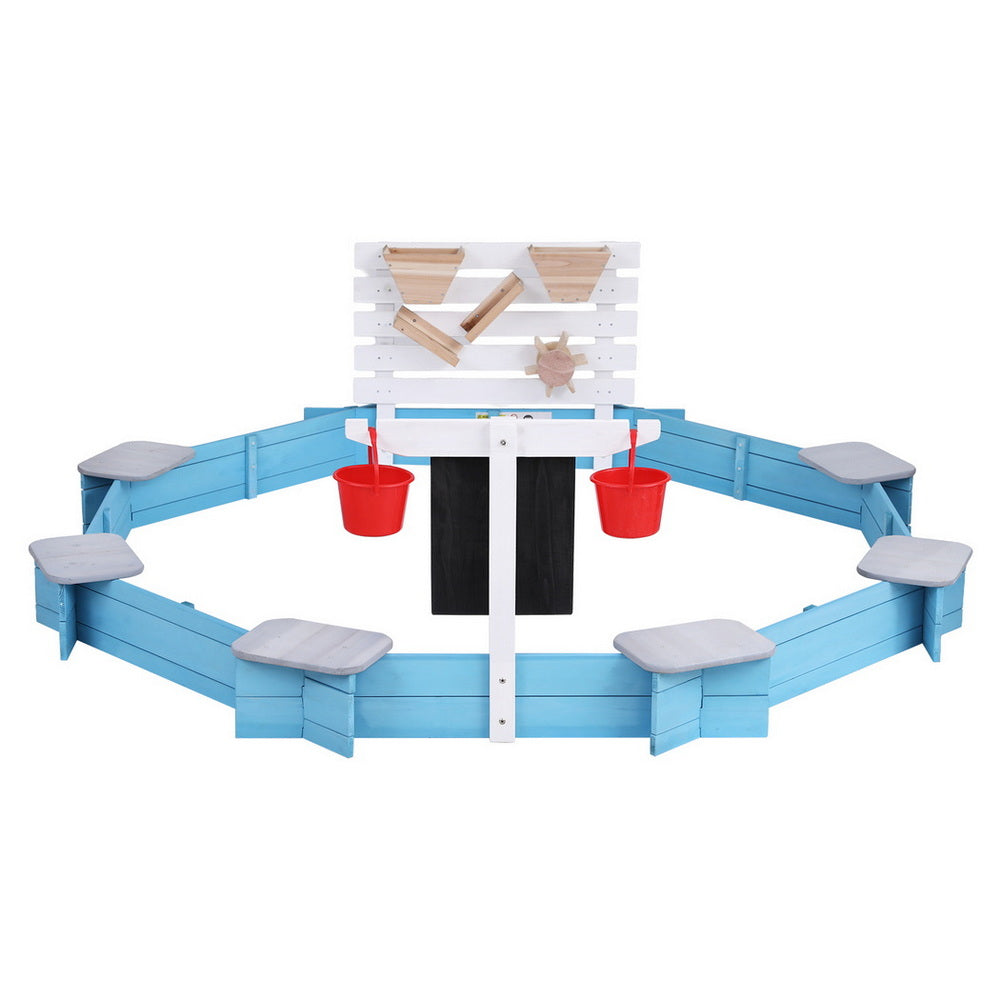 Keezi Kids Sandpit Wooden Round Sand Pit with Cover Funnel Bench Seat Beach Toys 215cm Awezingly