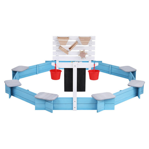 Keezi Kids Sandpit Wooden Round Sand Pit with Cover Funnel Bench Seat Beach Toys 215cm Awezingly